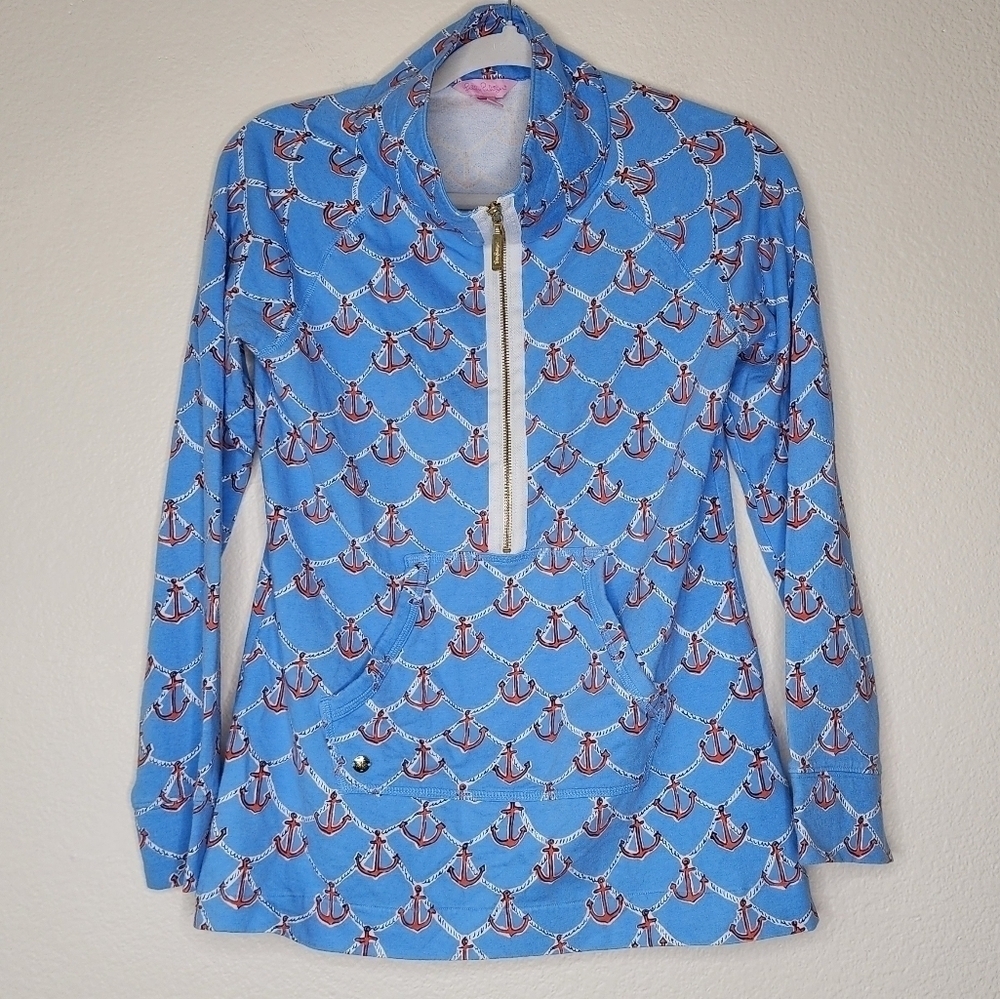 Lilly Pulitzer Pink Lable Blue Anchor Quarter Zip Top Top S